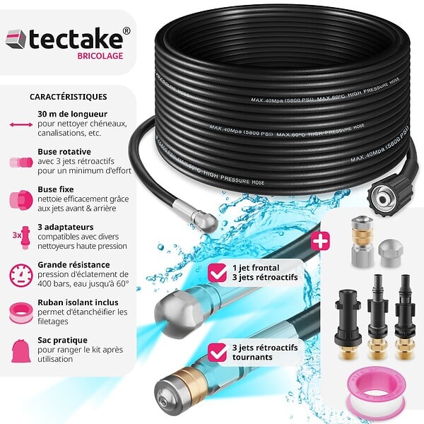 TECTAKE - Kit de nettoyage et de débouchage de canalisations avec 1 tuyau, 2 buses et 3 adaptateurs noir - large