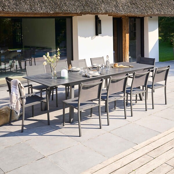 OVIALA - Ensemble table de jardin extensible et 10 chaises en aluminium gris - Olympe - large