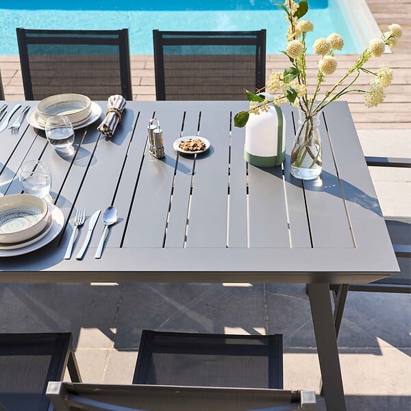 OVIALA - Ensemble table de jardin extensible et 10 chaises en aluminium gris - Olympe - large