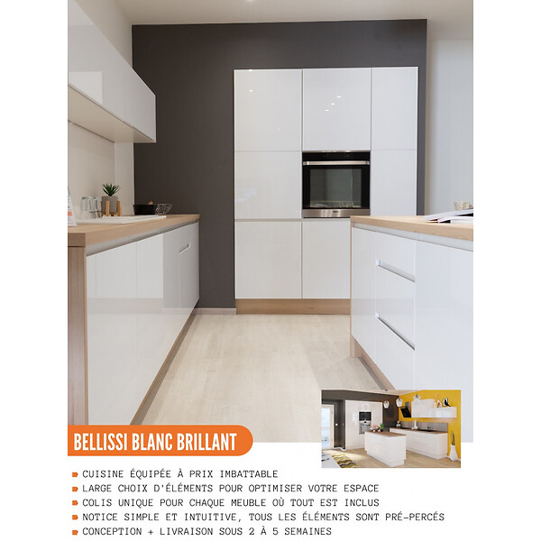 CUISINEANDCIE - Cuisineandcie - Meuble haut de cuisine Bellissi Blanc Brillant 2 portes relevables avec vitre opaque L 90 cm - large