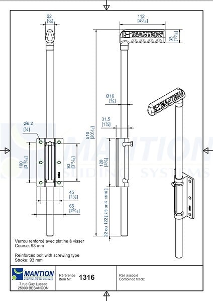 MANTION - Verrou renforcé à visser MANTION - Ø16 mm - L.500 mm - 1316 - large