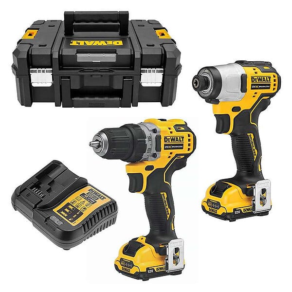 DEWALT - Kit 2 outils XR 12V Brushless Perceuse visseuse DCD701 - Visseuse à chocs DCF801 -  - avec 2 batteries 12v 3Ah - chargeur - coffret - DCK2110L2T - large