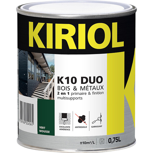 KIRIOL - K10 DUO SATIN VERT MOUSSE 0,75L -Peinture multisupport. Primaire/finition à base de résines alkydes - KIRIOL - large