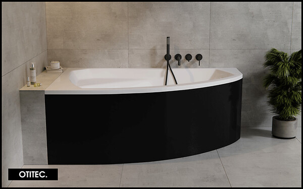 BESCO - Baignoire Asymétrique avec Tablier Noir - 160 x 100 cm - ARELA - GAUCHE - avec Repose Tête OFFERT - large