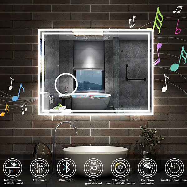 AICA SANITAIRE - AICA Miroir salle de bain Bluetooth 80x60cm tricolore avec loupe 3x, dimmable, mémoire et anti-buée, IP44 Miroir LED - large