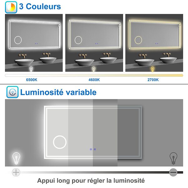 AICA SANITAIRE - AICA Miroir salle de bain Bluetooth 80x60cm tricolore avec loupe 3x, dimmable, mémoire et anti-buée, IP44 Miroir LED - large