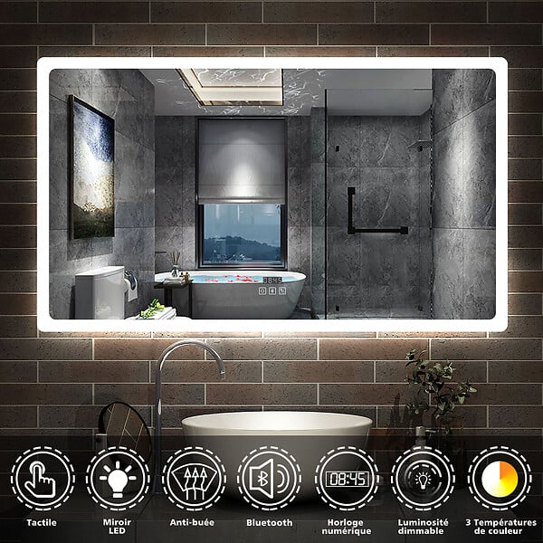 AICA SANITAIRE - AICA Miroir Bluetooth 120x70 cm, tricolore + horloge + mémoire + dimmable + anti-buée, miroir LED étanche IP44 - large