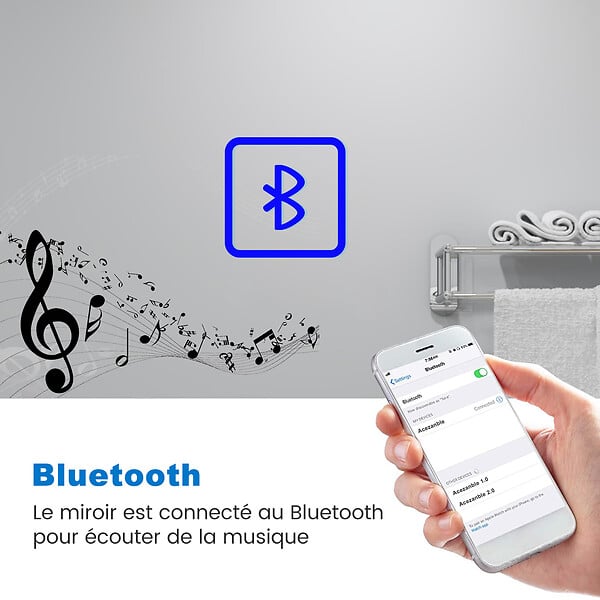 AICA SANITAIRE - AICA Miroir Bluetooth 120x70 cm, tricolore + horloge + mémoire + dimmable + anti-buée, miroir LED étanche IP44 - large