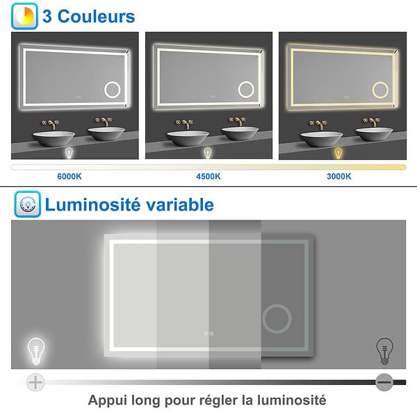 AICA SANITAIRE - AICA Miroir de salle de bain Bluetooth 120x70 cm, LED tricolore + loupe + mémoire + dimmable + anti-buée, IP44 - large