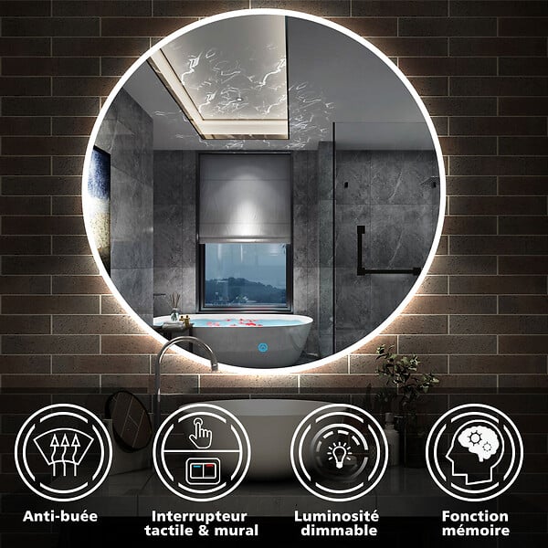 AICA SANITAIRE - AICA Miroir de salle de bain LED rond de 100cm, dimmable + mémoire + antibuée, avec interrupteur tactile, blanc - large