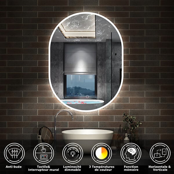 AICA SANITAIRE - AICA Miroir salle de bain LED 50x80cm tricolore + anti-buée + dimmable + mémoire - large