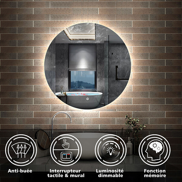 AICA SANITAIRE - AICA Miroir LED rond sans cadre de 100cm, dimmable + mémoire + antibuée, IP44, horizontal/vertical, 6000k blanc froid - large