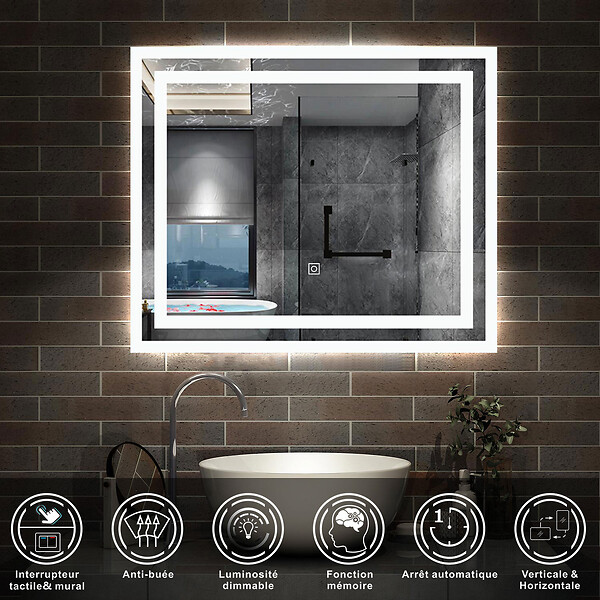 AICA SANITAIRE - AICA Miroir lumineux dimmable, 60x50cm, avec mémoire, salle de bain anti-buée, 6000k blanc froid, IP44 - large