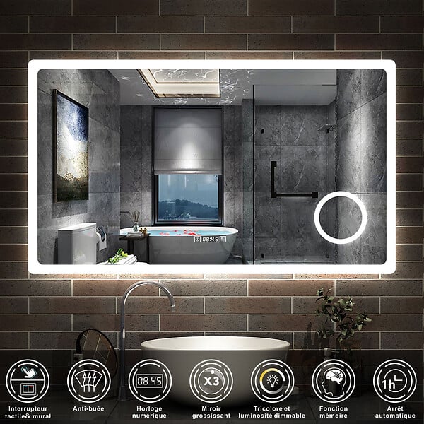 AICA SANITAIRE - AICA Miroir de salle de bain anti-buée avec horloge, blanc froid chaud neutre tactile mural miroir 120x70cm - large