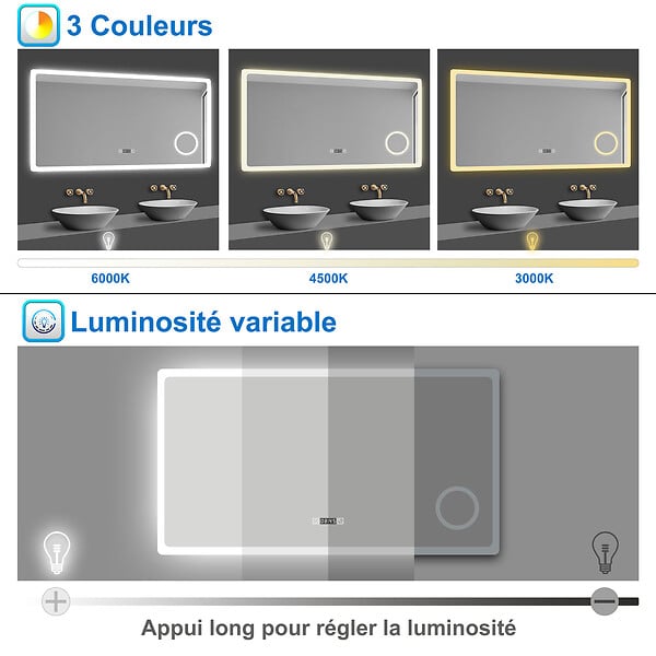 AICA SANITAIRE - AICA Miroir de salle de bain anti-buée avec horloge, blanc froid chaud neutre tactile mural miroir 120x70cm - large