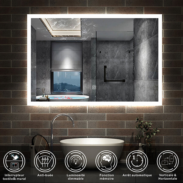 AICA SANITAIRE - AICA Miroir lumineux à LED, 120x70cm, dimmable, avec mémoire et anti-buée, IP44, horizontal/vertical, blanc froid - large