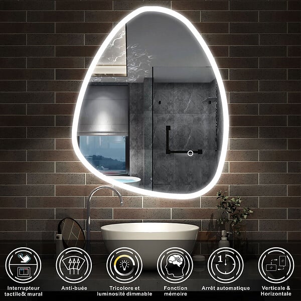 AICA SANITAIRE - AICA Miroir de salle de bain asymétrique 80x55cm led Teardrop Mirror 3 Colours Dimmable + Anti-buée + Mémoire - large