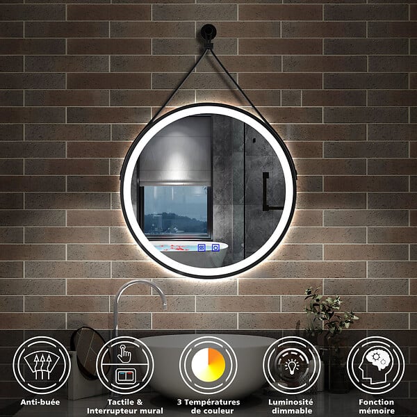 AICA SANITAIRE - AICA Miroir salle de bain rond LED 70cm tricolore + anti-buée + dimmable + mémoire,avec ceinture en cuir amovible,noir - large
