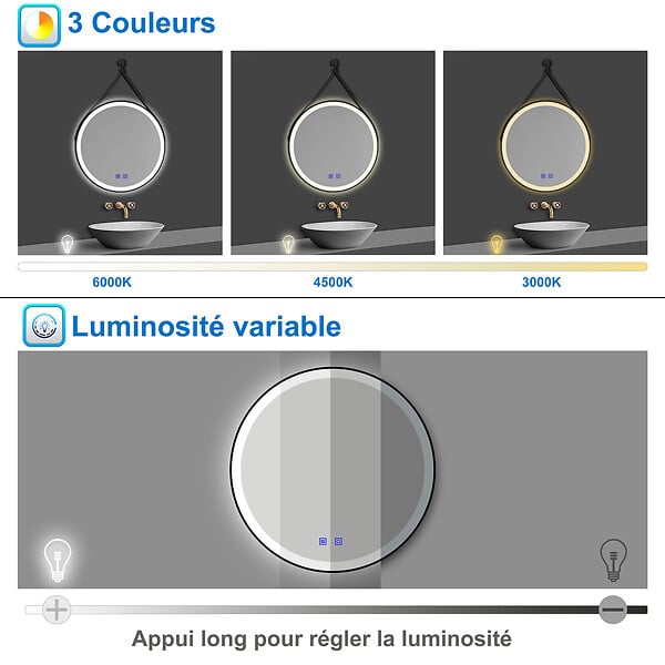 AICA SANITAIRE - AICA Miroir salle de bain rond LED 70cm tricolore + anti-buée + dimmable + mémoire,avec ceinture en cuir amovible,noir - large