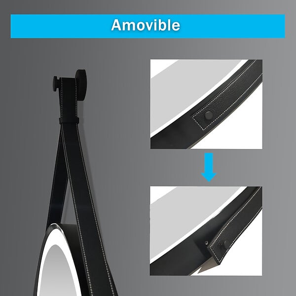 AICA SANITAIRE - AICA Miroir salle de bain rond LED 70cm tricolore + anti-buée + dimmable + mémoire,avec ceinture en cuir amovible,noir - large
