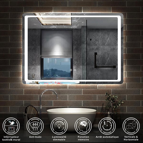 AICA SANITAIRE - AICA Miroir de salle de bain à LED, dimmable et mémoire, 80x60cm miroir lumineux anti-buée - large