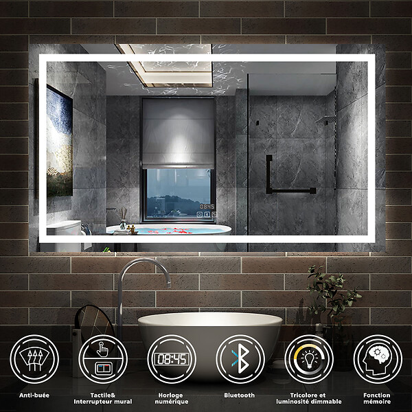 AICA SANITAIRE - AICA Miroir de salle de bain LED Bluetooth 120x70 cm, tricolore + horloge + mémoire + dimmable + anti-buée - large