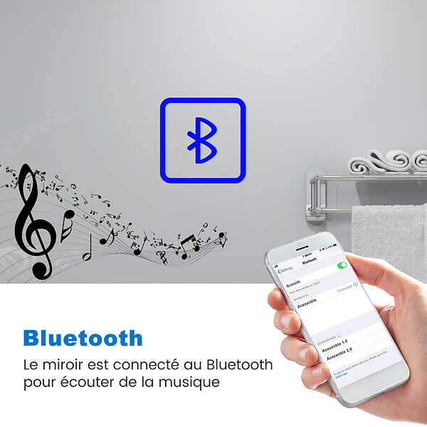 AICA SANITAIRE - AICA Miroir de salle de bain LED Bluetooth 120x70 cm, tricolore + horloge + mémoire + dimmable + anti-buée - large