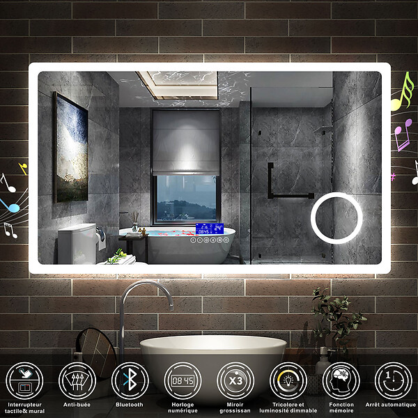 AICA SANITAIRE - AICA Miroir de salle de bain led bluetooth, 120x70cm Anti-buée, 3x Loupe, 3 couleurs de lumière - large