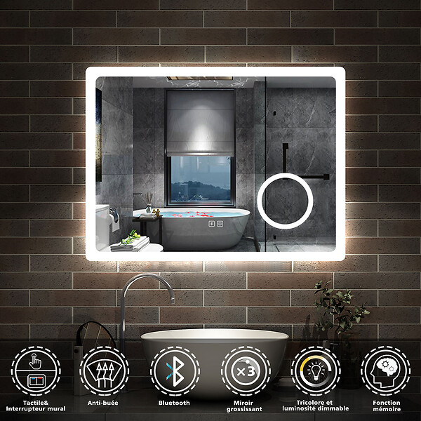 AICA SANITAIRE - AICA Miroir de salle de bain LED 100x60cm tricolor anti-buée avec bluetooth et loupe 3x,mémoire et lumière gradation - large