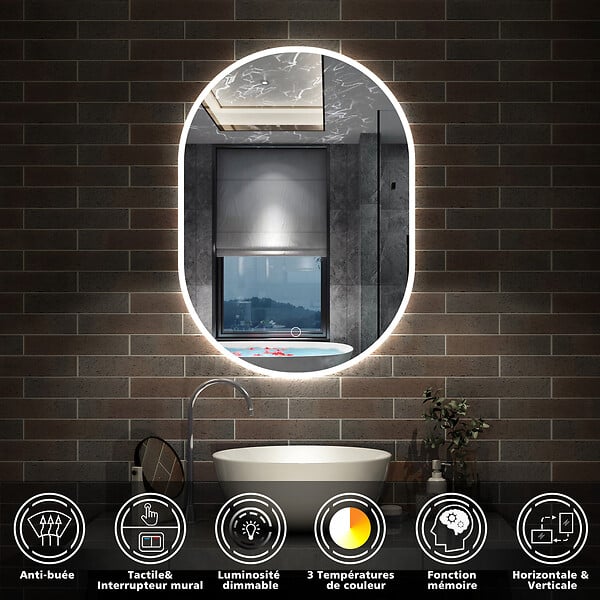 AICA SANITAIRE - AICA Miroir salle de bain LED 45x75cm tricolore + anti-buée + dimmable + mémoire - large