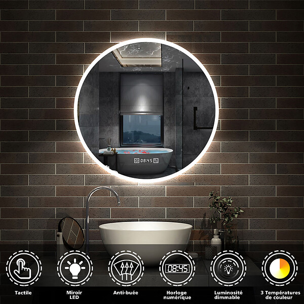 AICA SANITAIRE - AICA Miroir de salle de bain rond 60x60cm avec Horloge, LED, Tricolore, Anti-Buée - large