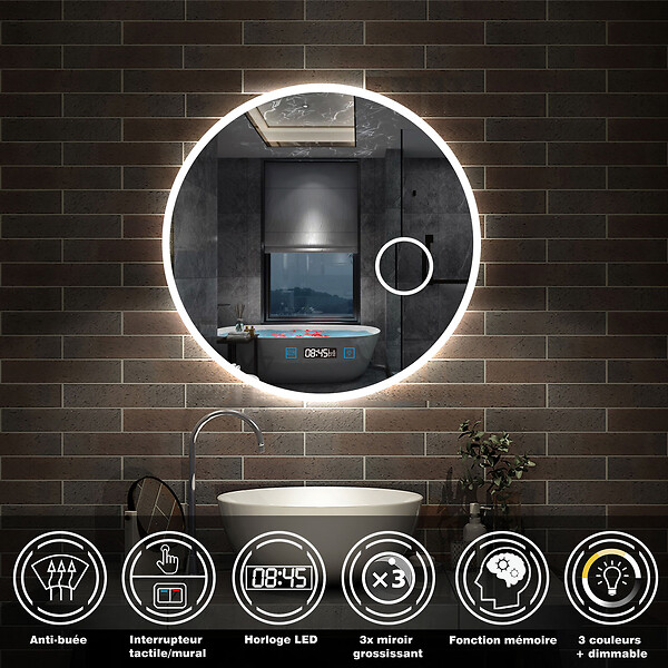 AICA SANITAIRE - AICA Miroir rond de salle de bain 70cm LED tricolore horloge + loupe + anti-buée + mémoire - large