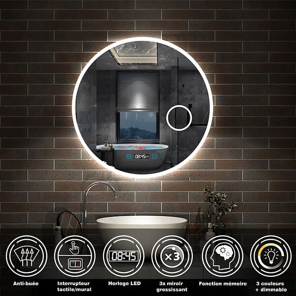 AICA SANITAIRE - AICA Miroir rond de salle de bain 60cm LED tricolore horloge + loupe + anti-buée + mémoire - large