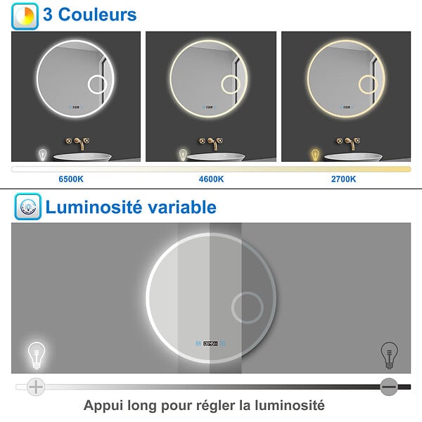 AICA SANITAIRE - AICA Miroir rond de salle de bain 60cm LED tricolore horloge + loupe + anti-buée + mémoire - large