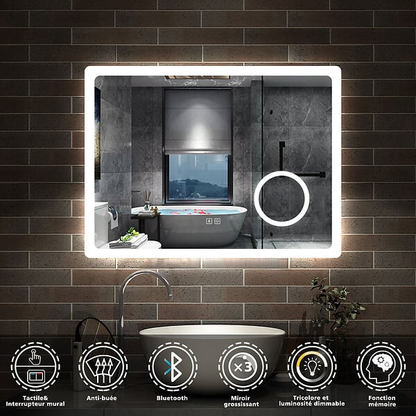 AICA SANITAIRE - AICA Miroir de salle de bain LED 80x60cm tricolor anti-buée avec bluetooth et loupe 3x,mémoire et lumière gradation - large