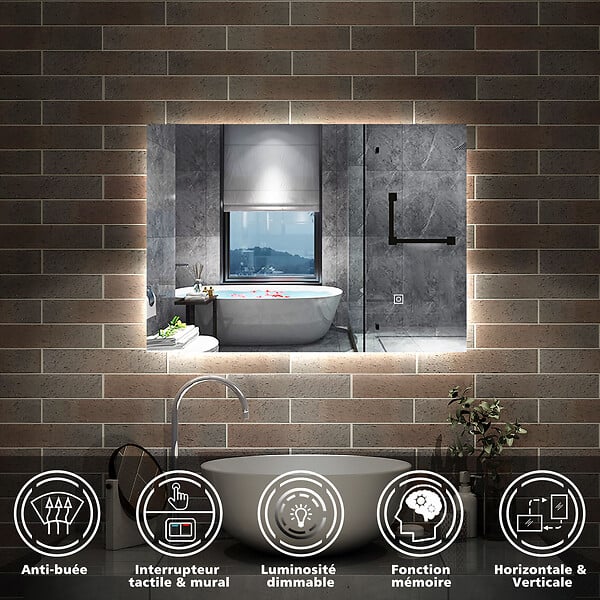 AICA SANITAIRE - AICA Miroir de salle de bain LED, 90x70cm, mémoire + dimmable + anti-buée, IP44, 6000K blanc - large