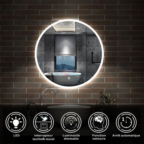 AICA SANITAIRE - AICA Miroir de salle de bain rond LED 60cm, dimmable + mémoire, IP44 - large