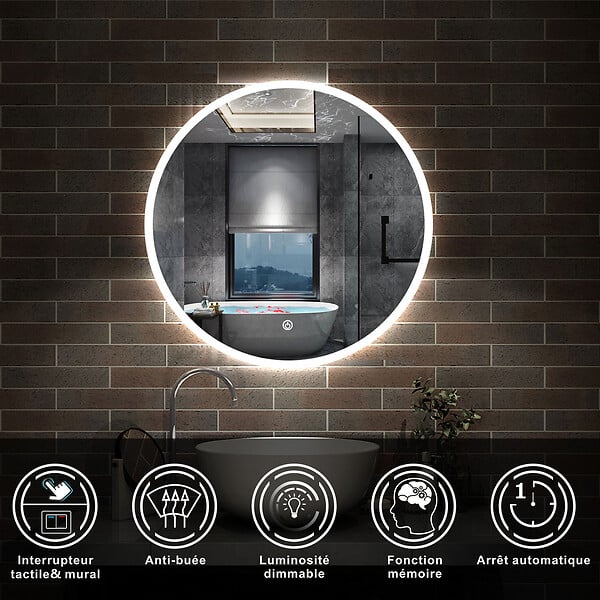 AICA SANITAIRE - AICA Miroir de salle de bain LED rond de 60cm, dimmable + mémoire + antibuée, avec interrupteur tactile, blanc - large