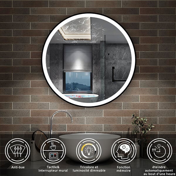 AICA SANITAIRE - AICA Miroir de salle de bain LED rond 60cm avec cadre noir, tricolore + anti-buée + mémoire + gradation infinie - large