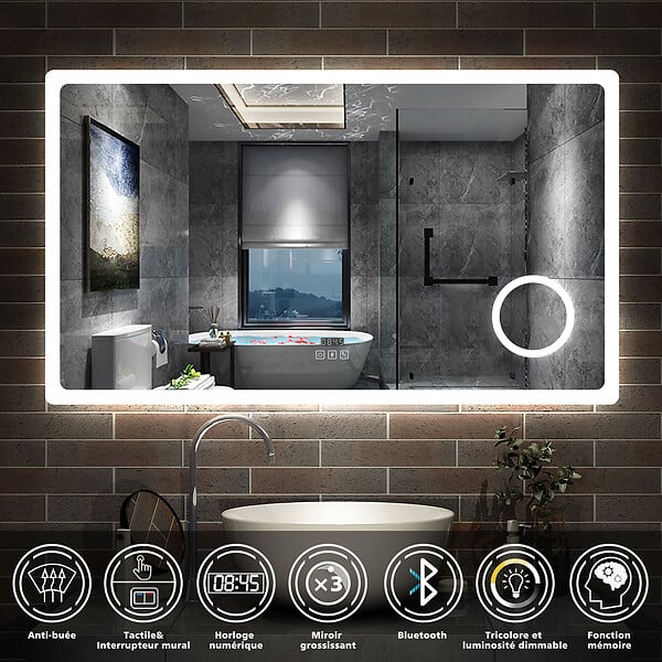 AICA SANITAIRE - AICA Miroir salle de bain bluetooth + loupe + horloge + tricolore + anti-buée 140x80cm dimmable,mémoire,tactile,led - large