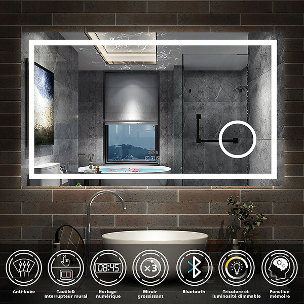 AICA SANITAIRE - AICA Miroir de salle de bain LED 140x80cm tricolore anti-buée + loupe + bluetooth + horloge + mémoire + dimmable - large