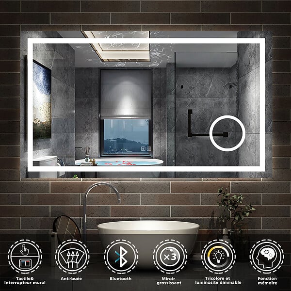 AICA SANITAIRE - AICA Miroir de salle de bain Bluetooth 140x80 cm, LED tricolore + loupe + mémoire + dimmable + anti-buée, IP44 - large