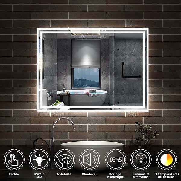 AICA SANITAIRE - AICA Miroir de salle de bain Bluetooth 100x60 cm, tricolore + horloge + mémoire + dimmable + anti-buée, IP44 Miroir LED - large