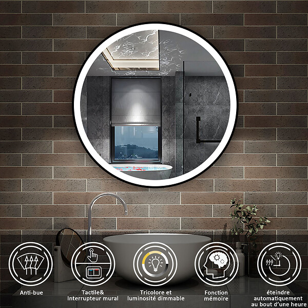 AICA SANITAIRE - AICA Miroir de salle de bain LED rond 70cm avec cadre noir, tricolore + anti-buée + mémoire + gradation infinie - large