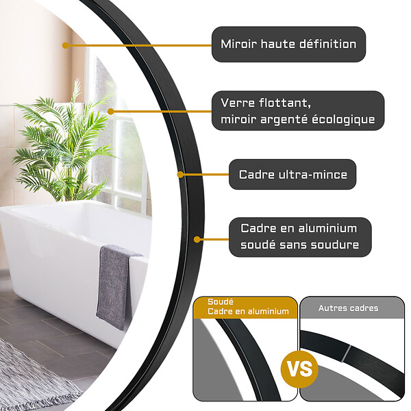AICA SANITAIRE - AICA Miroir de salle de bain LED rond 70cm avec cadre noir, tricolore + anti-buée + mémoire + gradation infinie - large