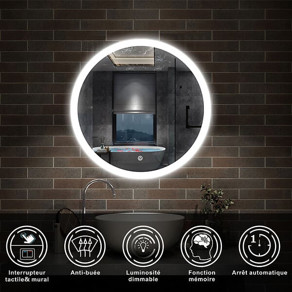 AICA SANITAIRE - AICA Miroir LED rond de 60cm, dimmable + mémoire + antibuée, avec interrupteur tactile, 6000k blanc froid - large