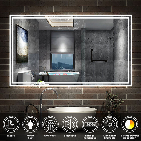 AICA SANITAIRE - AICA Miroir de salle de bain Bluetooth 120x70 cm, tricolore + horloge + mémoire + dimmable + anti-buée, IP44 Miroir LED - large