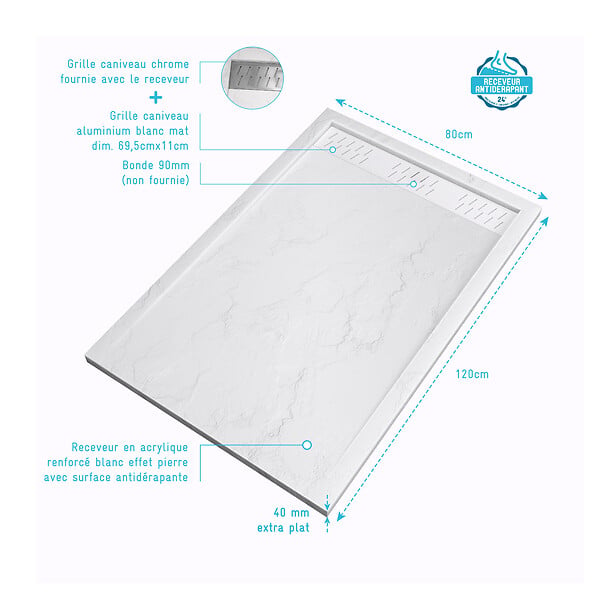 AURLANE - Receveur en acrylique Blanc Effet Pierre 80x120x4 cm + Grilles Linéaires Chrome et Blanche Mate - large