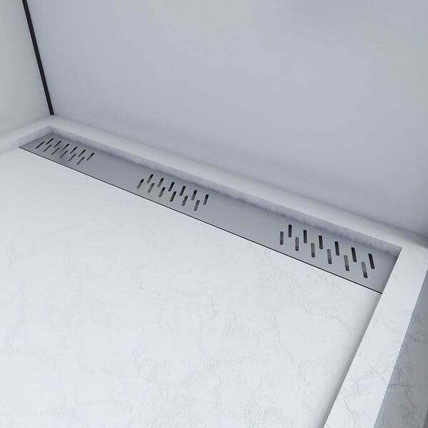 AURLANE - Receveur en acrylique Blanc Effet Pierre 80x120x4 cm - Grille Linéaire Chrome - MOON - large