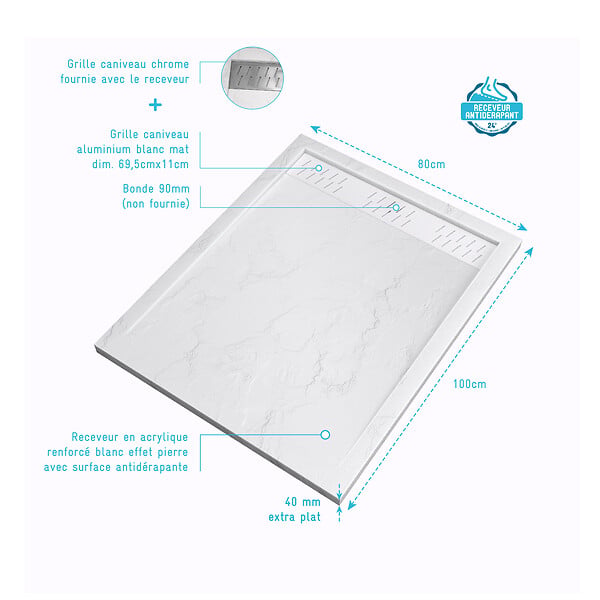 AURLANE - Receveur en acrylique Blanc Effet Pierre 80x100x4 cm + Grilles Linéaires Chrome et Blanche Mate - large